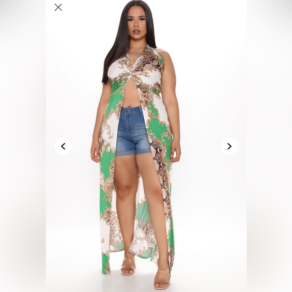 Fashion Nova Green and White Long Top